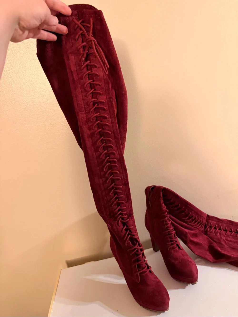 Women's Over-the-Knee Lace-Up Boot - Burgundy